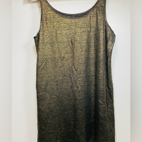 EILEEN FISHER Tank Top Foil Printed Linen Jersey Scoop Neck Shell Black Gold - Picture 2 of 8